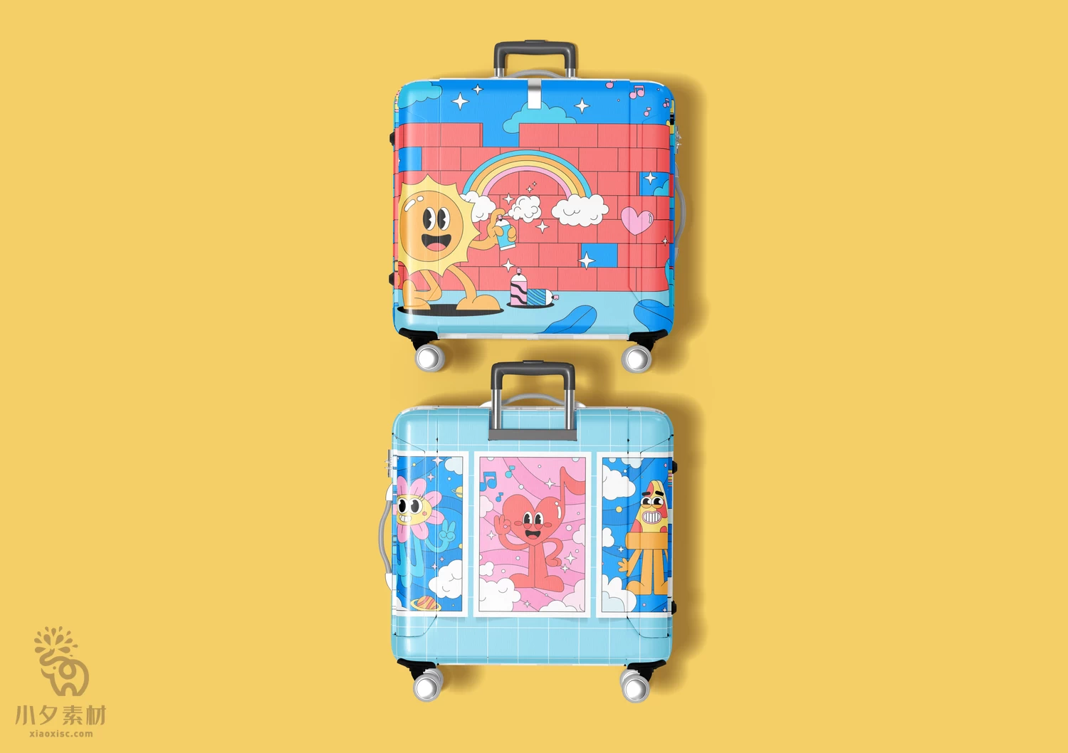 品牌儿童方形行李箱拉杆箱VI智能贴图文创样机模板PSD设计素材【002】